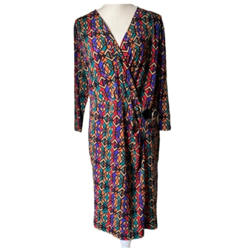 MISS TINA Tribal Geometric Print Faux Wrap Dress Size XL